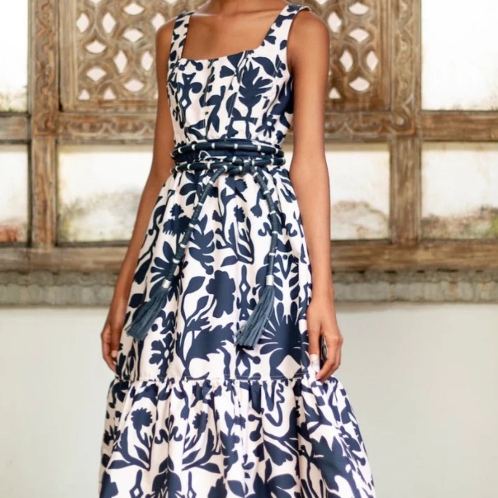 NWT $790 Andres Otalora Encanto Midi Dress In Navy Organic Shapes Print Size 2